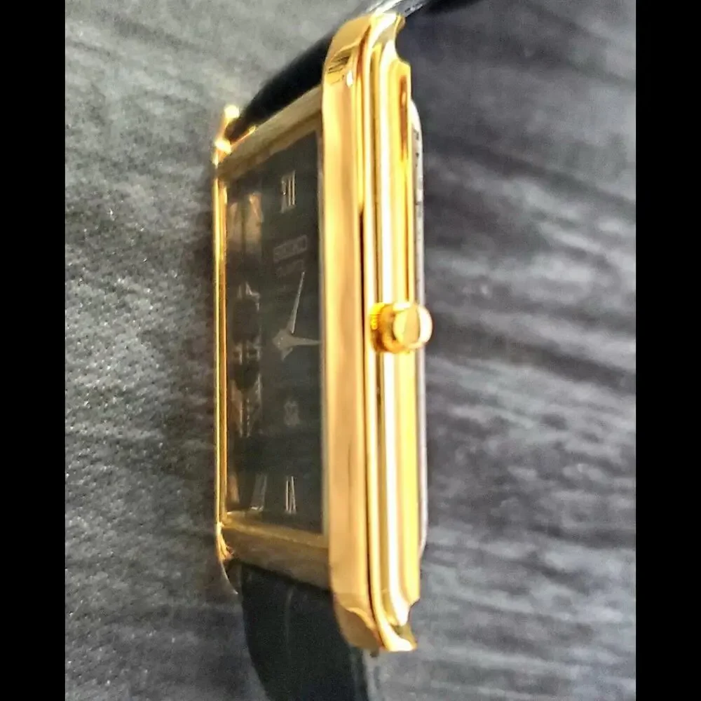 Slim Seiko GOLD Black Dial New Batt & Movt Men's Tank‎ Dress Watch